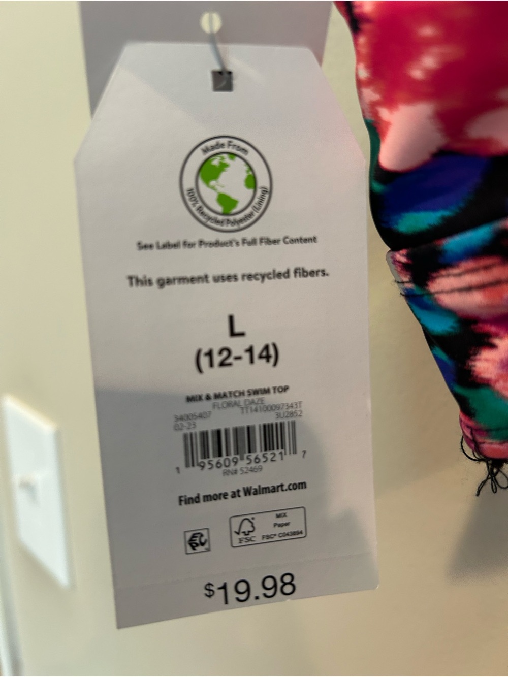 NWT Time and Tru Black Floral Tie-back bikini top. Size Large - Picture 8 of 8
